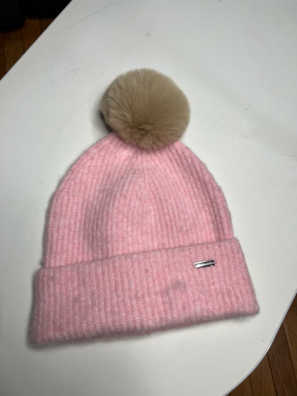 Steve Madden Pink Knit Beanie with Tan Pom
